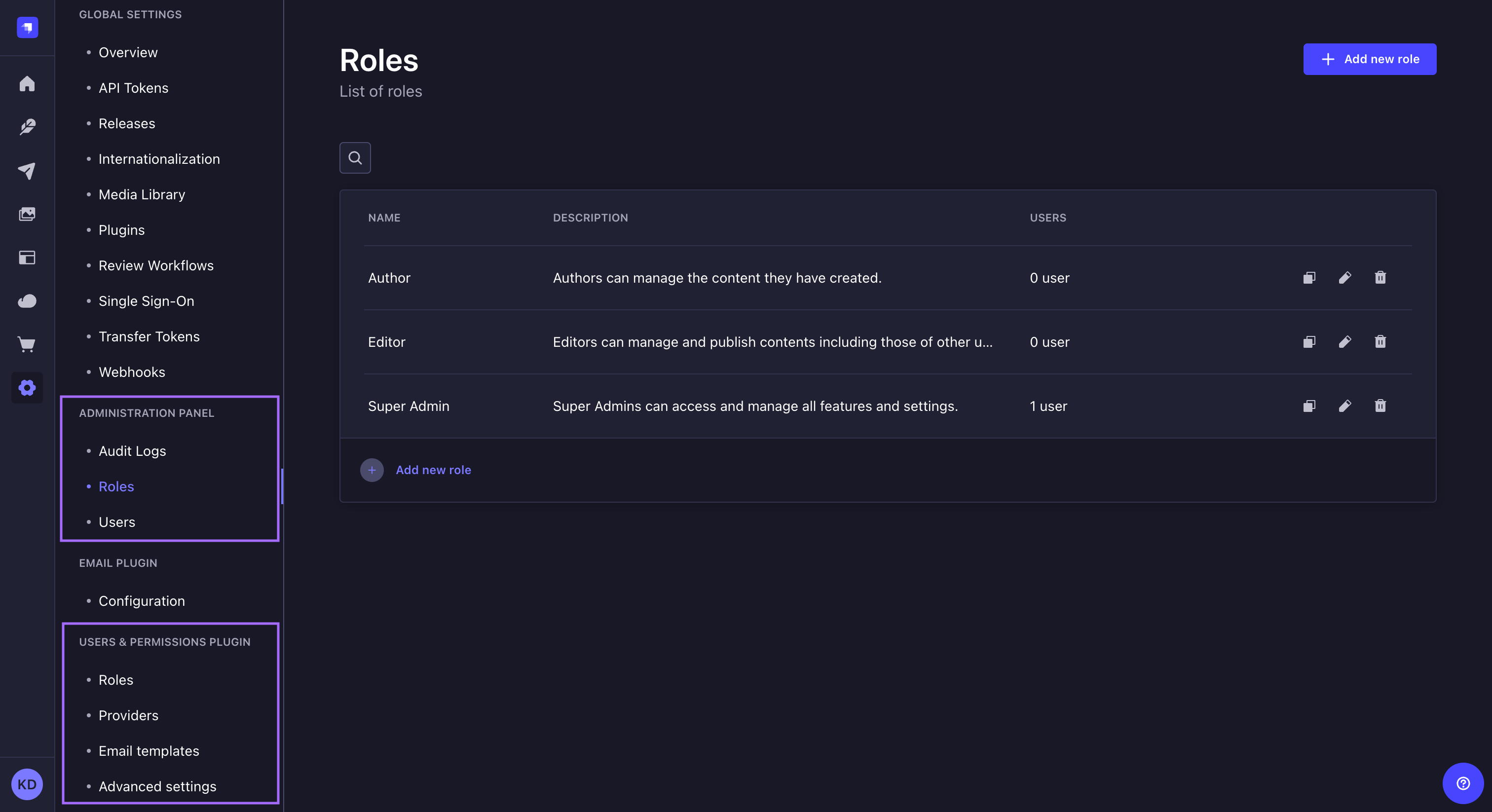 Users, permissions and roles settings